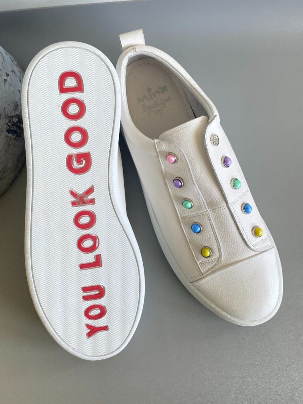 Minx Boutique Bay Pearl Stud Leather Slip On Sneakers White Rainbow EU 41 US 10